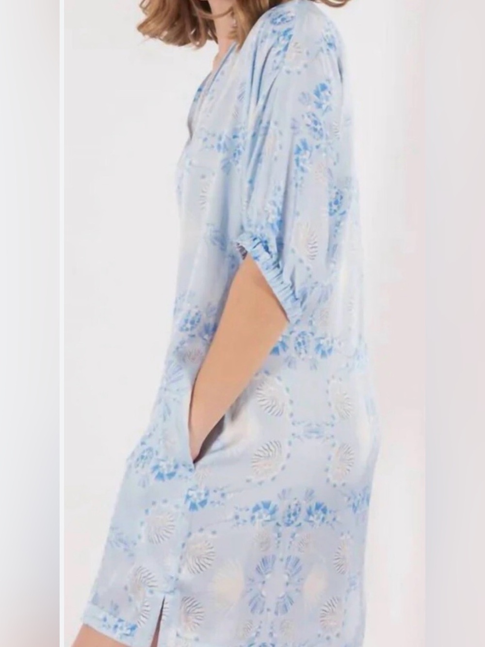 Light Blue Emily McCarthy Shell-Pattern V-Neck Tunic Dress